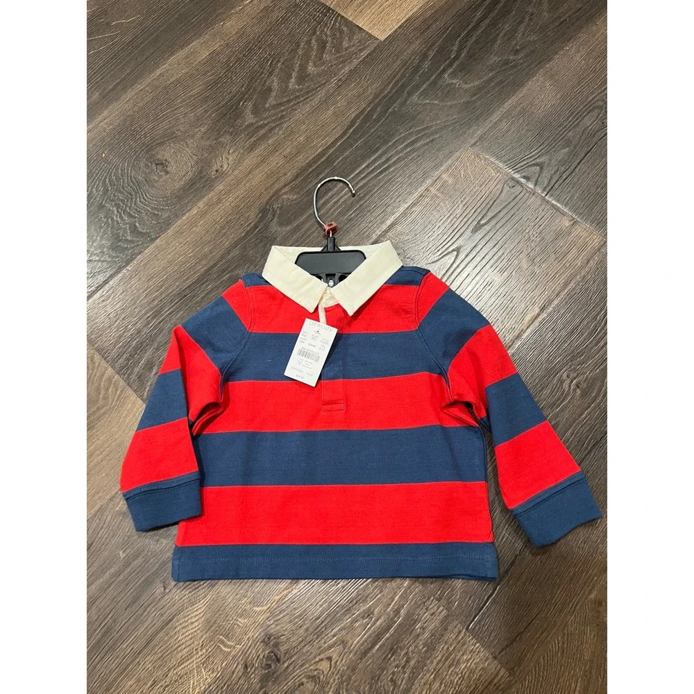Crewcuts J.Crew Boys Rugby‎ Shirt Striped Red Navy Blue Sleeve 6-12 Months NWT